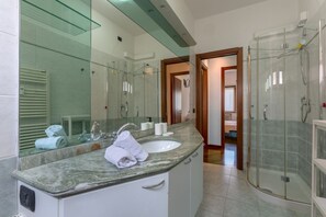 Shower, hair dryer, bidet, towels