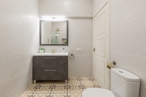 Chuveiro, secador de cabelo, toalhas de banho 