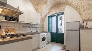 Une cuisine avec un plafond en pierre, un lave-linge, un réfrigérateur et un évier.