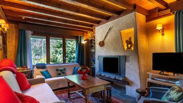 Televisión, chimenea, reproductor de DVD y estéreo