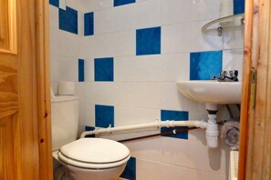 A small bathroom with a toilet, a sink, and blue and white tiles.