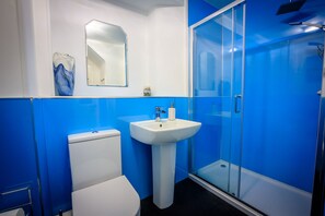 Douche, sèche-cheveux, serviettes fournies, savon