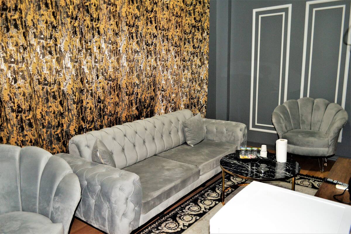 Un salon avec un canapé gris, un fauteuil assorti, une table basse en marbre noir et un tapis à motifs.