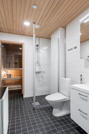 Panoramic Apartment | Bathroom | Shower, hydromassage showerhead, hair dryer, bidet