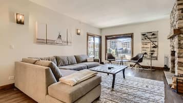 Condo, 1 King Bed with Sofa bed, Balcony, Mountain View (Peak 9 Overlook) | Living area | 50-inch flat-screen TV with digital channels, fireplace