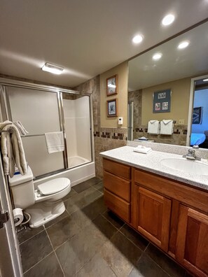 Combined shower/tub, hair dryer, towels, soap