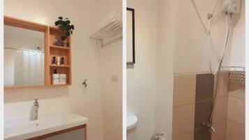 Shower, hair dryer, bidet, towels