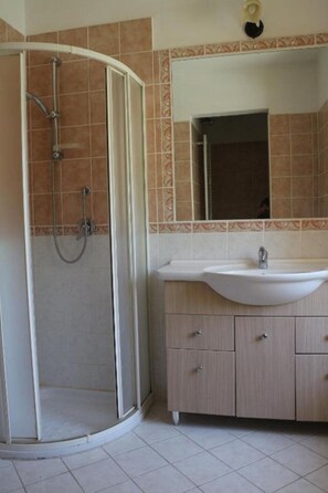 Shower, hair dryer, bidet, towels