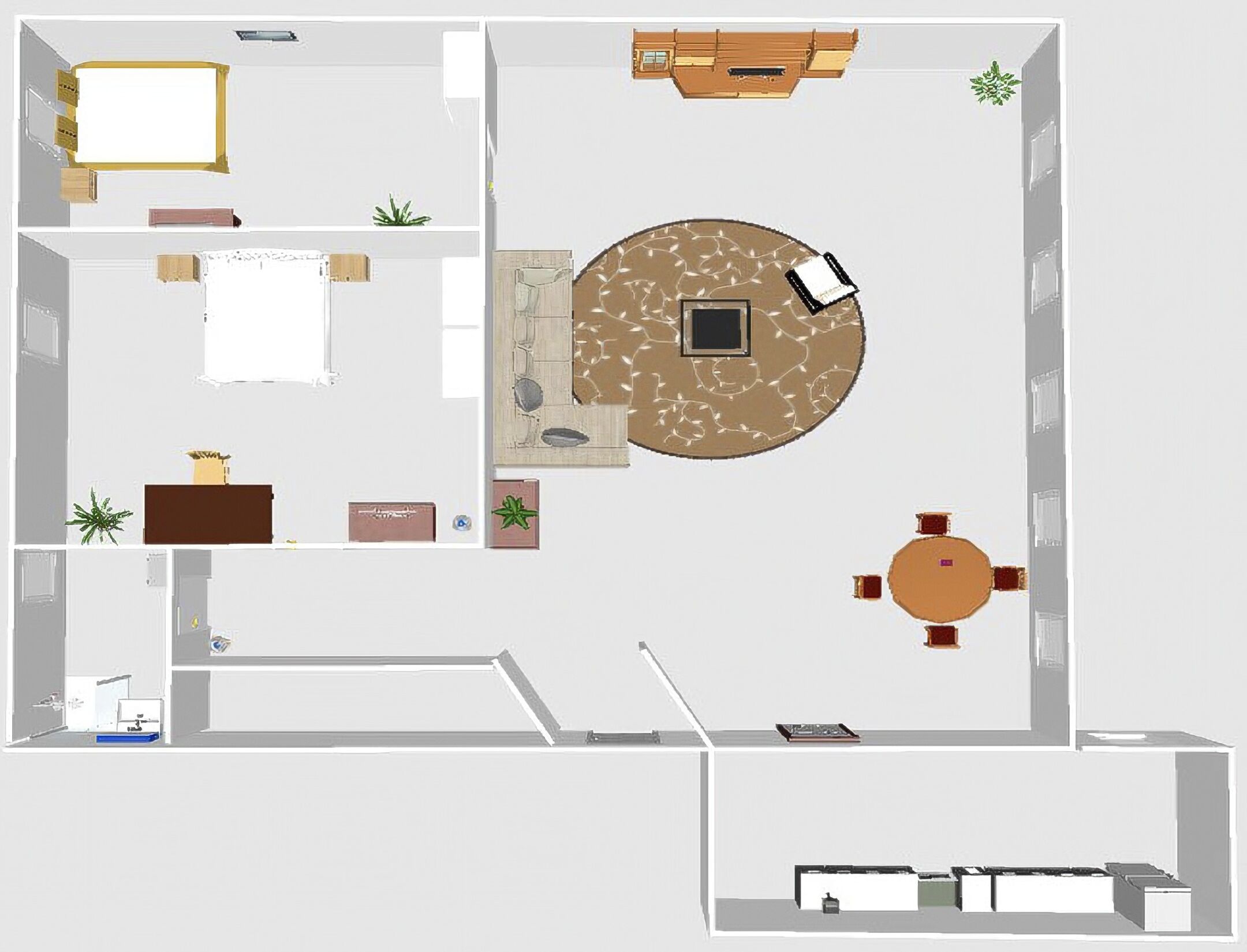 A floor plan of a hotel room with a bed, a desk, a chair, a small table, and a circular seating area.