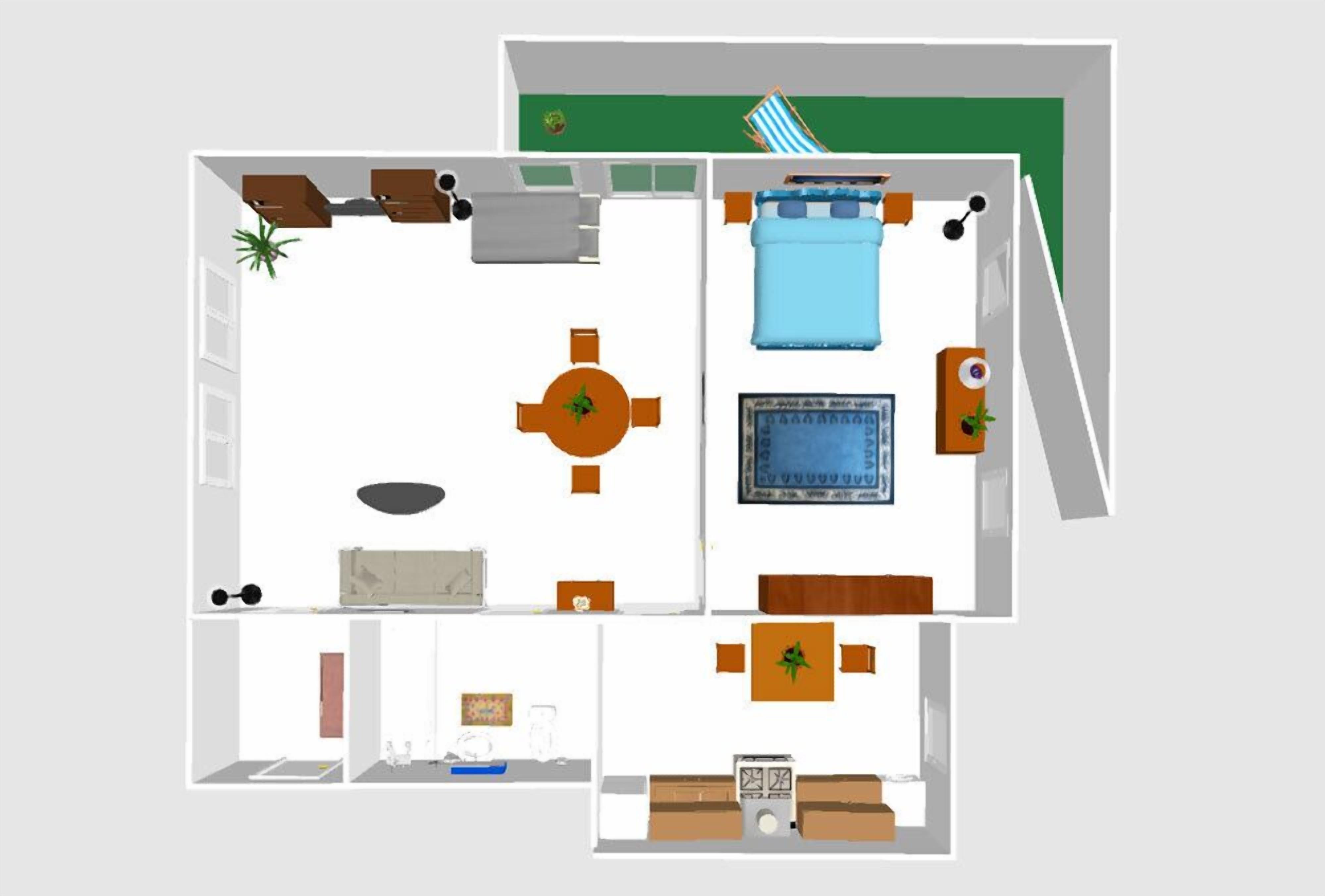 A hotel room layout with a bed, desk, chair, and a small bathroom area.