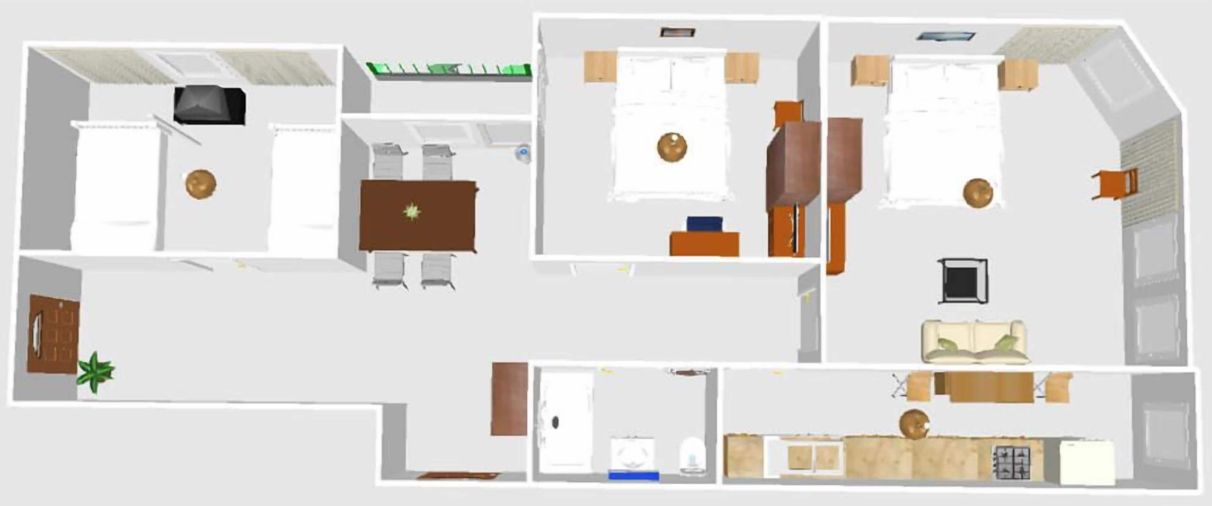A hotel room layout with a bed, desk, chair, wardrobe, and bathroom.