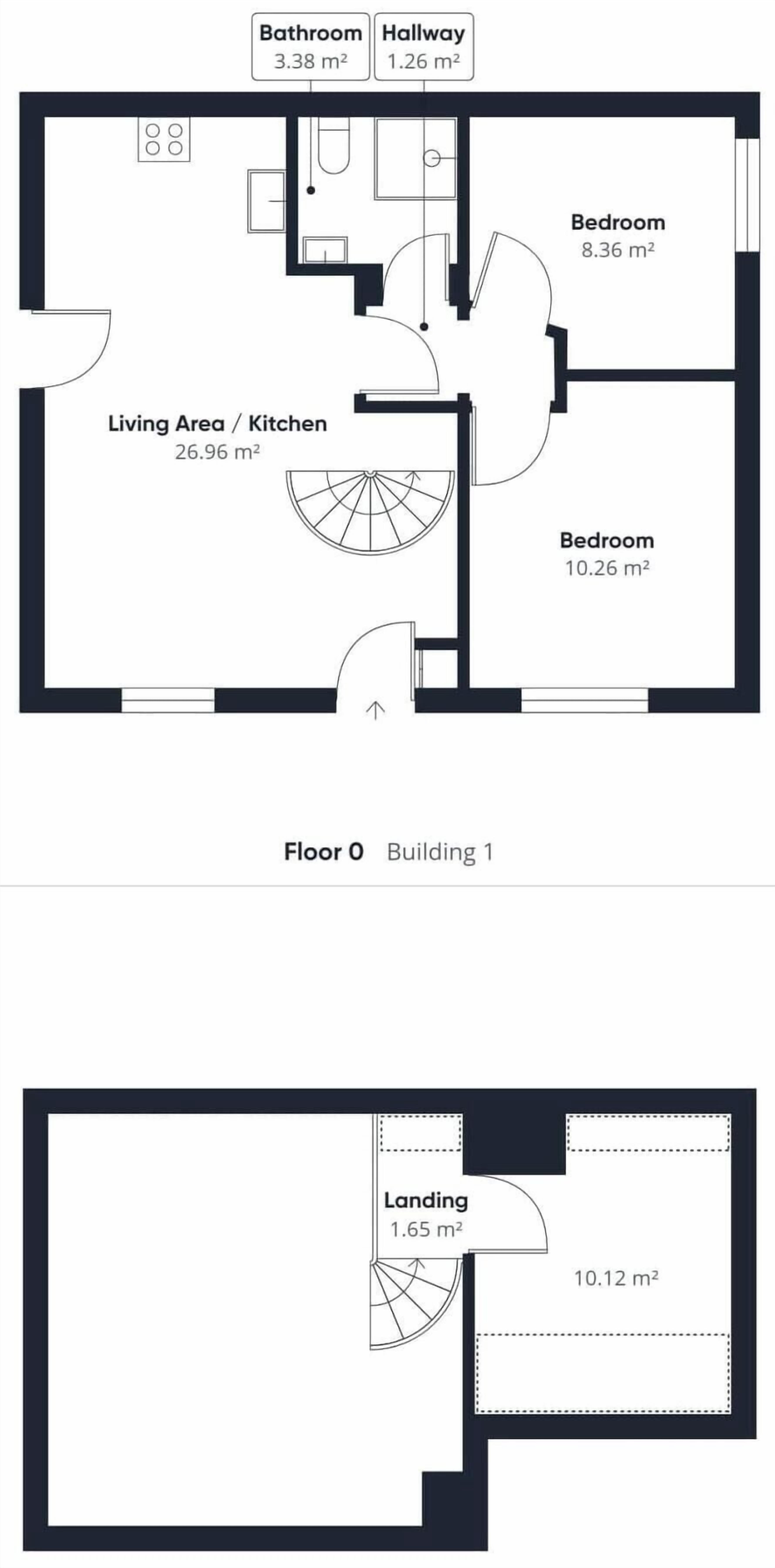 Un plan d’étage d’un immeuble comprenant deux chambres, une salle de bain, un couloir et un espace de vie/cuisine.