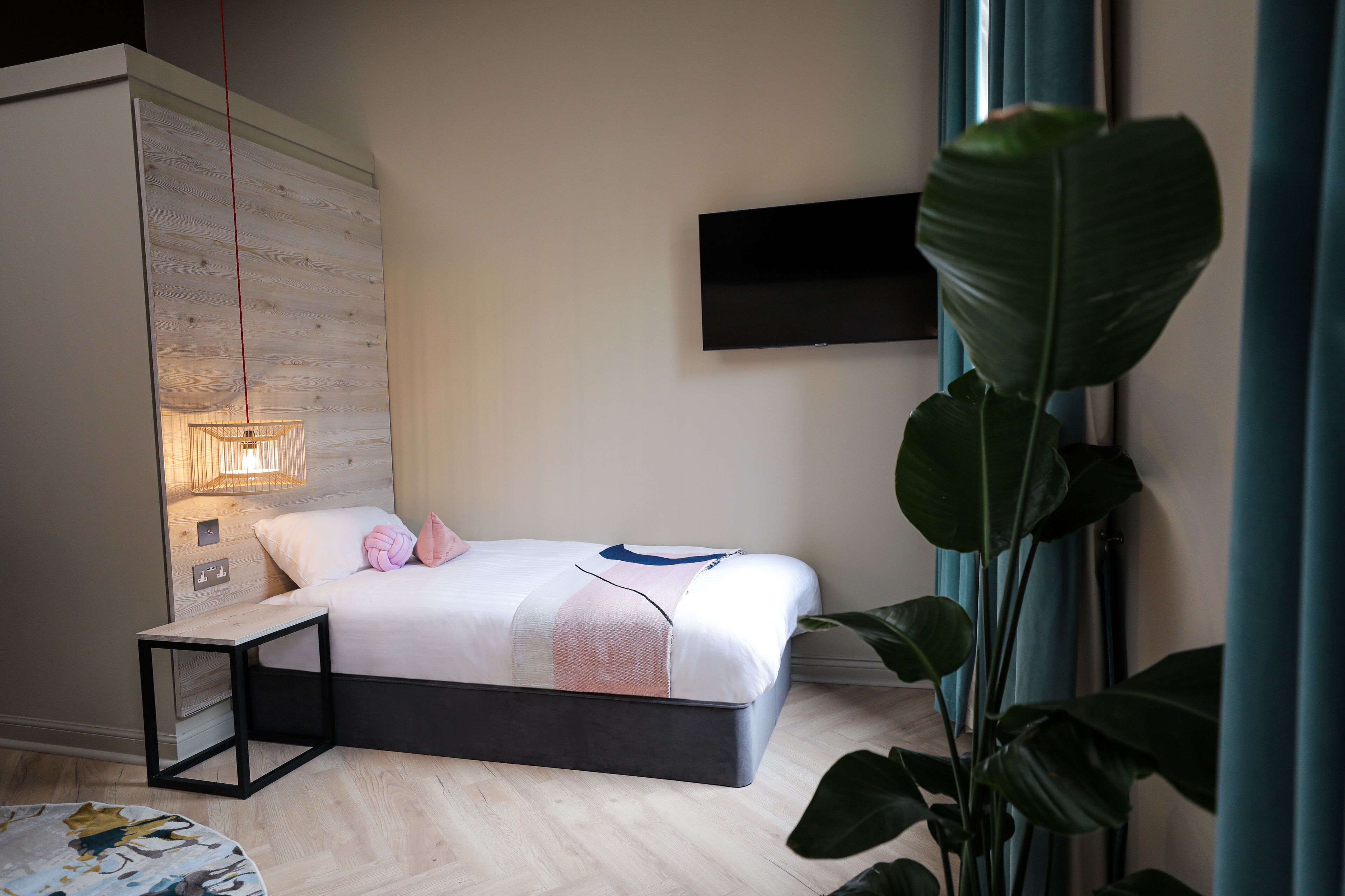 A modern bedroom with a bed, bedside table, and a TV mounted on the wall.