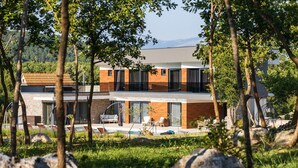Een modern huis met twee verdiepingen, voorzien van een zwembad, omringd door bomen en rotsen.