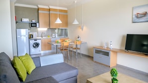 Un espace de vie compact comprenant un canapé, une table basse, un téléviseur, un coin cuisine avec un four à micro-ondes, un lave-linge et un ensemble de salle à manger.