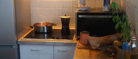 Een koelkast, een microgolfoven, een oven, een kookplaat