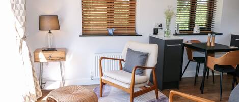 A modern living room with a sofa, a dining table with chairs, a lamp, and a radiator.