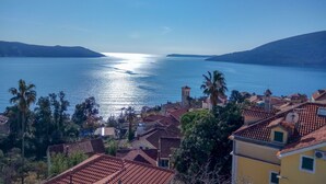 A coastal town with terracotta-roofed buildings, a clear blue sea, and palm trees. - Pool Villa Luxoria Trebesin (Herceg Novi)