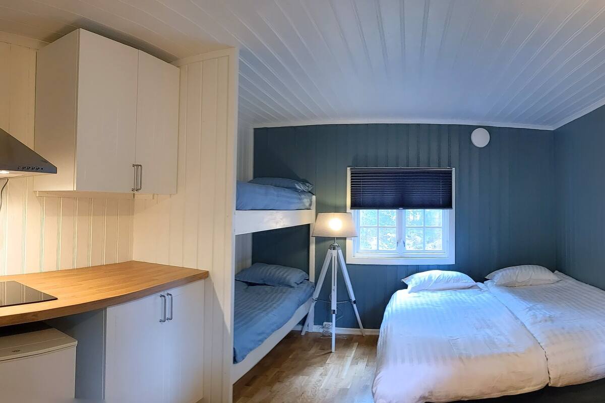 A compact room with bunk beds, a desk, a lamp, and a window.