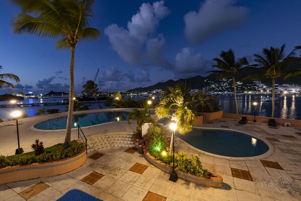 A swimming pool area with palm trees and a view of a cityscape at night.