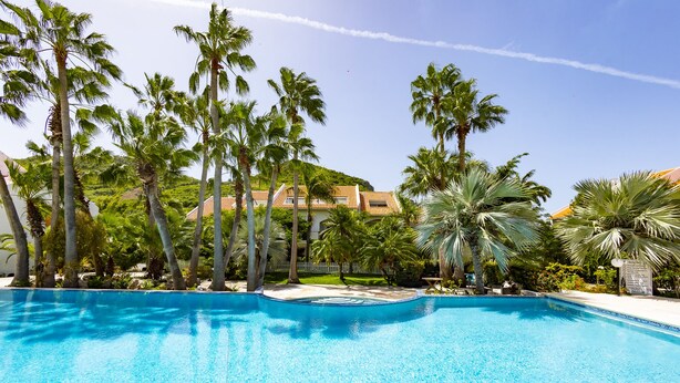 Una piscina azul y cristalina rodeada de palmeras y un edificio con techo de tejas al fondo.