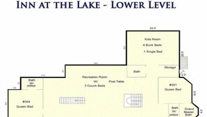 A floor plan of the Inn at the Lake - Lower Level, including rooms like the Kids Room, Recreation Room, and various beds. - Modern Huge Home! 11,500 sq. ft! Family Reunions or Big Group! Perfect Location  (Garden City)