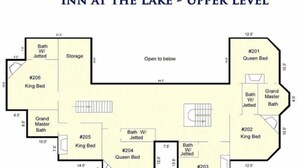 The layout of the upper level of the Inn at the Lake, including rooms #201, #202, #204, #205, #206, and a Grand Master Bath. - Modern Huge Home! 11,500 sq. ft! Family Reunions or Big Group! Perfect Location  (Garden City)