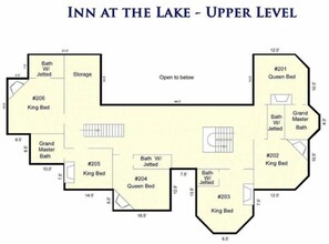 The layout of the upper level of the Inn at the Lake, including rooms #201, #202, #204, #205, #206, and a Grand Master Bath.