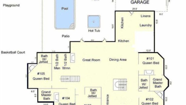 A floor plan of the Inn at the Lake's main level, featuring a pool, oversized garage, dining area, covered porch, and multiple bedrooms. - Modern Huge Home! 11,500 sq. ft! Family Reunions or Big Group! Perfect Location  (Garden City)