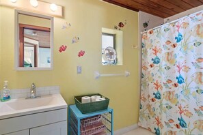 Shower, hair dryer, towels