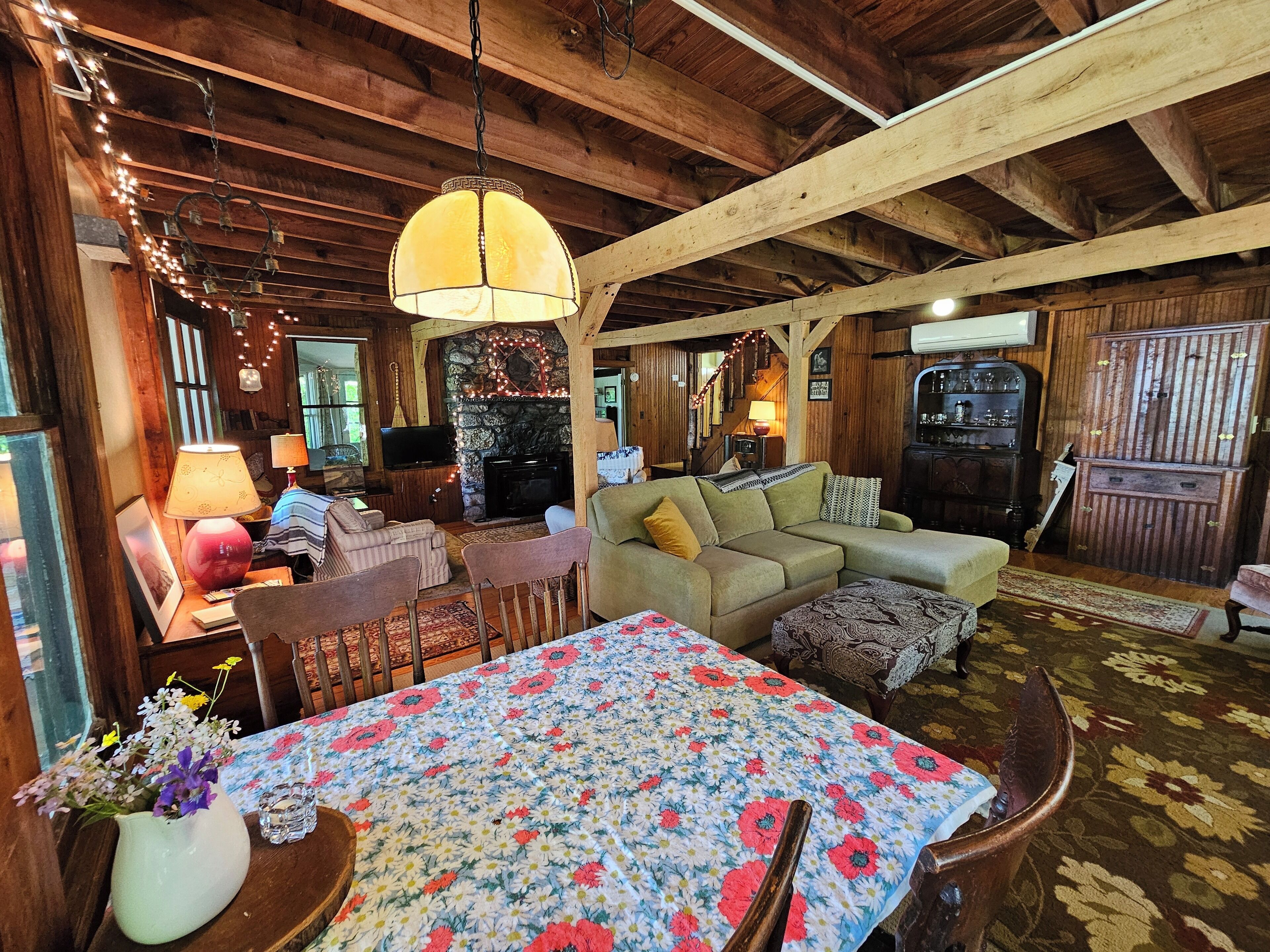 Smart TV, fireplace, books