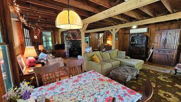 Smart TV, fireplace, books