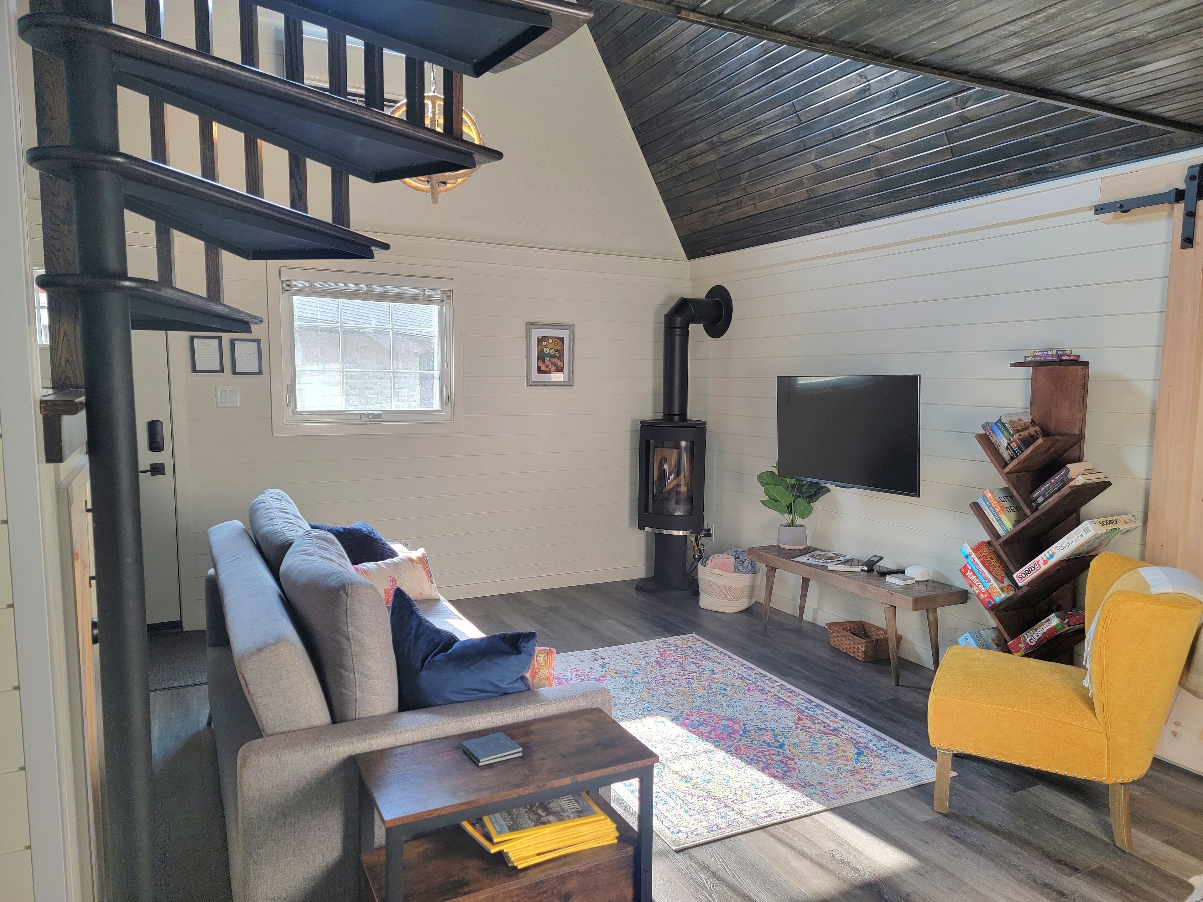 TV connectée, cheminée, livres