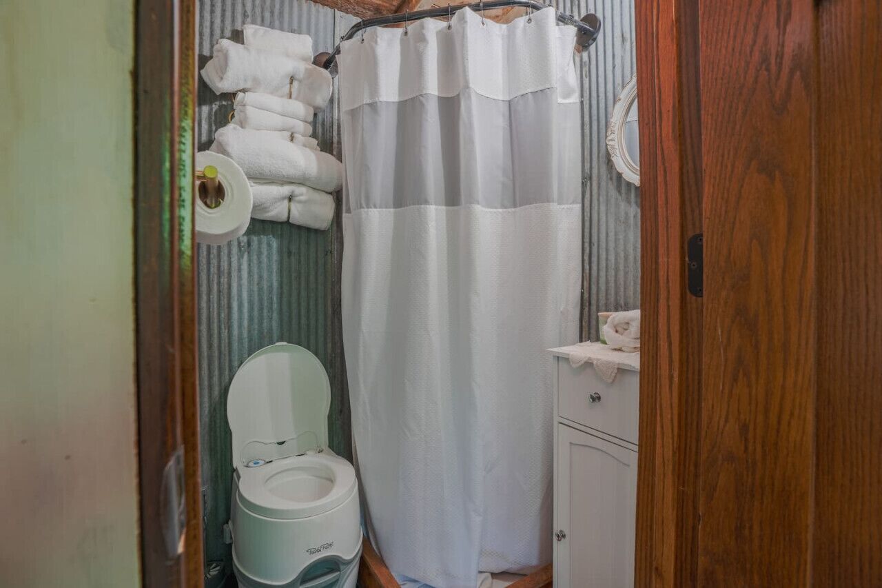 Un baño pequeño con inodoro, cortina de ducha y un mueble.