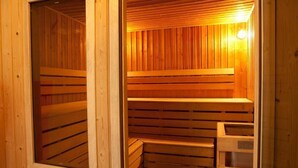 A sauna with wooden benches and a window. - Floor -2, view valley, swimming pool, hammam, terrace, parking, tv, 50m², Pra Loup (Jausiers)