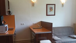 A compact living space with a kitchenette, a sofa, a small table, and a trash bin. - 2nd floor, swimming pool, hammam, terrace, balcony, parking, tv, 55m², Pra Loup (Jausiers)