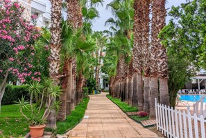 A pathway lined with palm trees and flowering plants, leading to a pool area with a white fence. - UK Hotels Kiriş (Kemer)