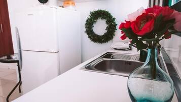 Fridge, electric kettle, toaster