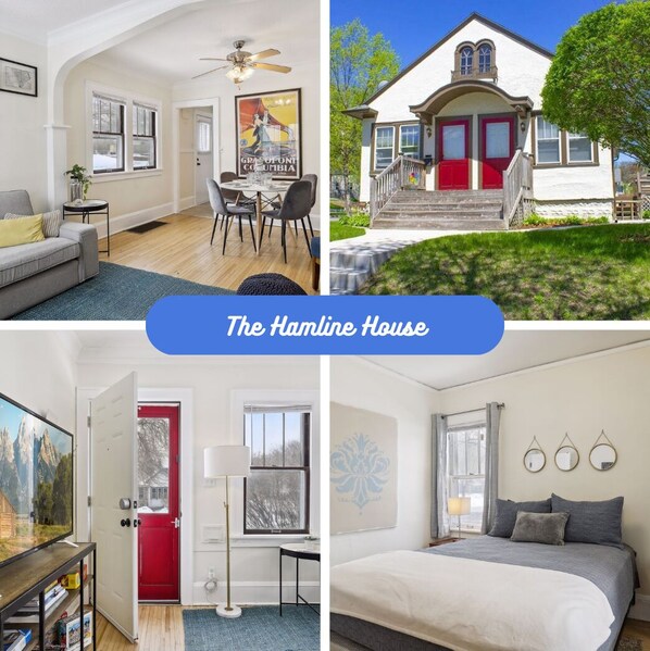Experience the Hamline House's inviting living spaces, featuring a comfortable sofa, dining area, and ceiling fan.