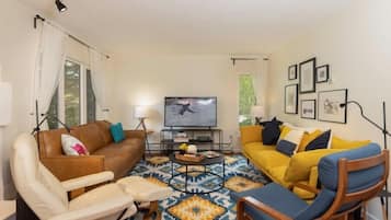 Smart TV, chimenea, reproductor de DVD y libros