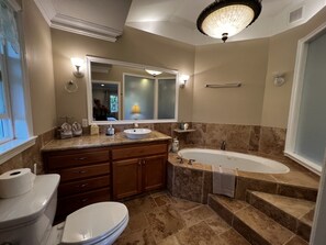 Shower, jetted tub, hair dryer, towels