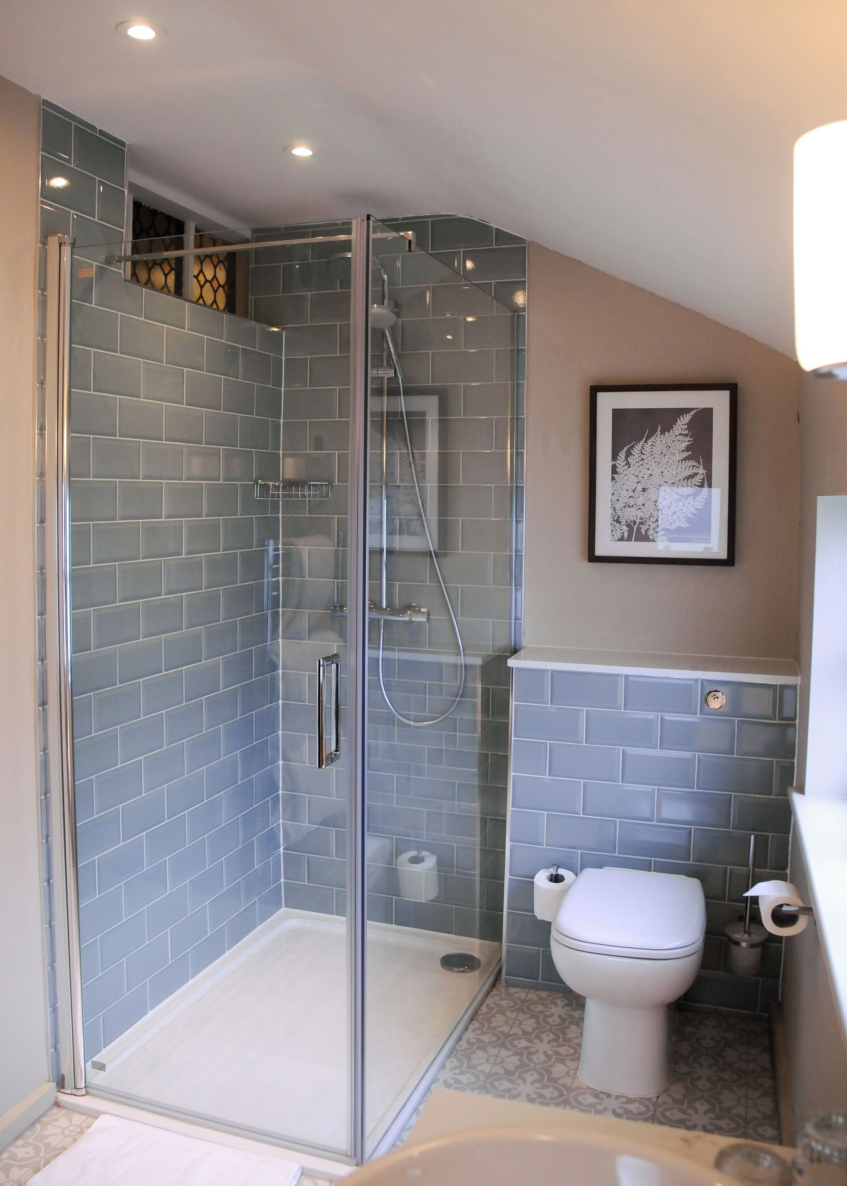 A bathroom with a glass-enclosed shower, a toilet, and a framed plant on the wall.