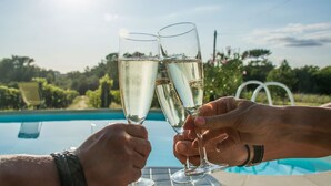 Zwei Personen stoßen mit Champagnergläsern am Pool an.