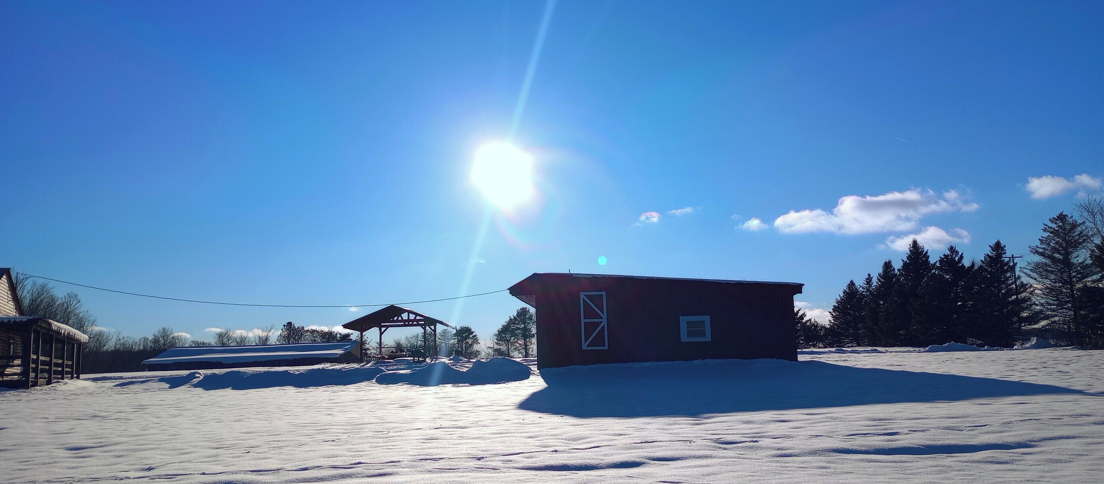 Et snødekt landskab med en træhytte og et lille læskur.