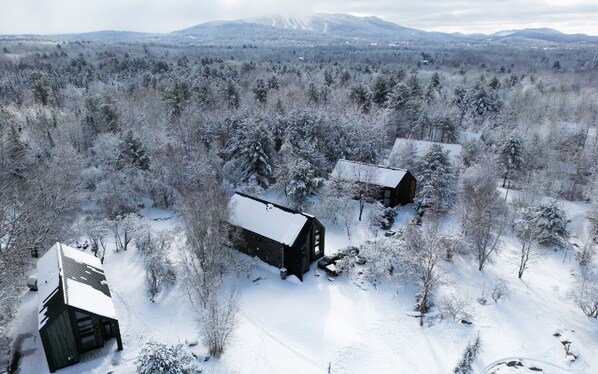 Un paisaje nevado con dos cabañas rústicas rodeadas de un denso bosque.