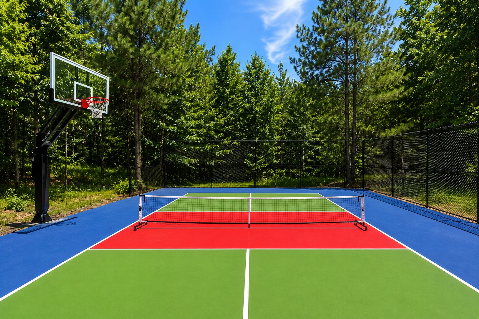 An outdoor tennis court with a basketball hoop, surrounded by trees.