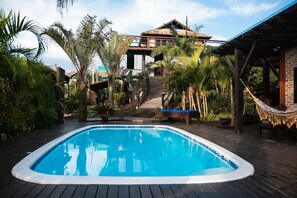 Outdoor pool, pool umbrellas, pool loungers