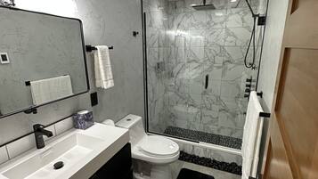 Hair dryer, towels, soap, shampoo