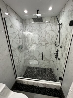 Hair dryer, towels, soap, shampoo