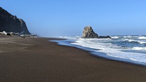 Uma praia com uma rocha imponente e um penhasco ao fundo.